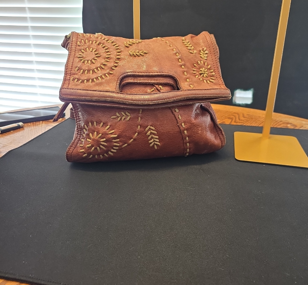 Lucky Brand Brown Embroidered Leather Crossbody